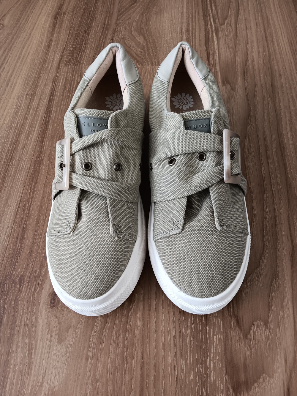 Yellow Box Women's Taupe Canvas Slip-On Sneakers with Buckle